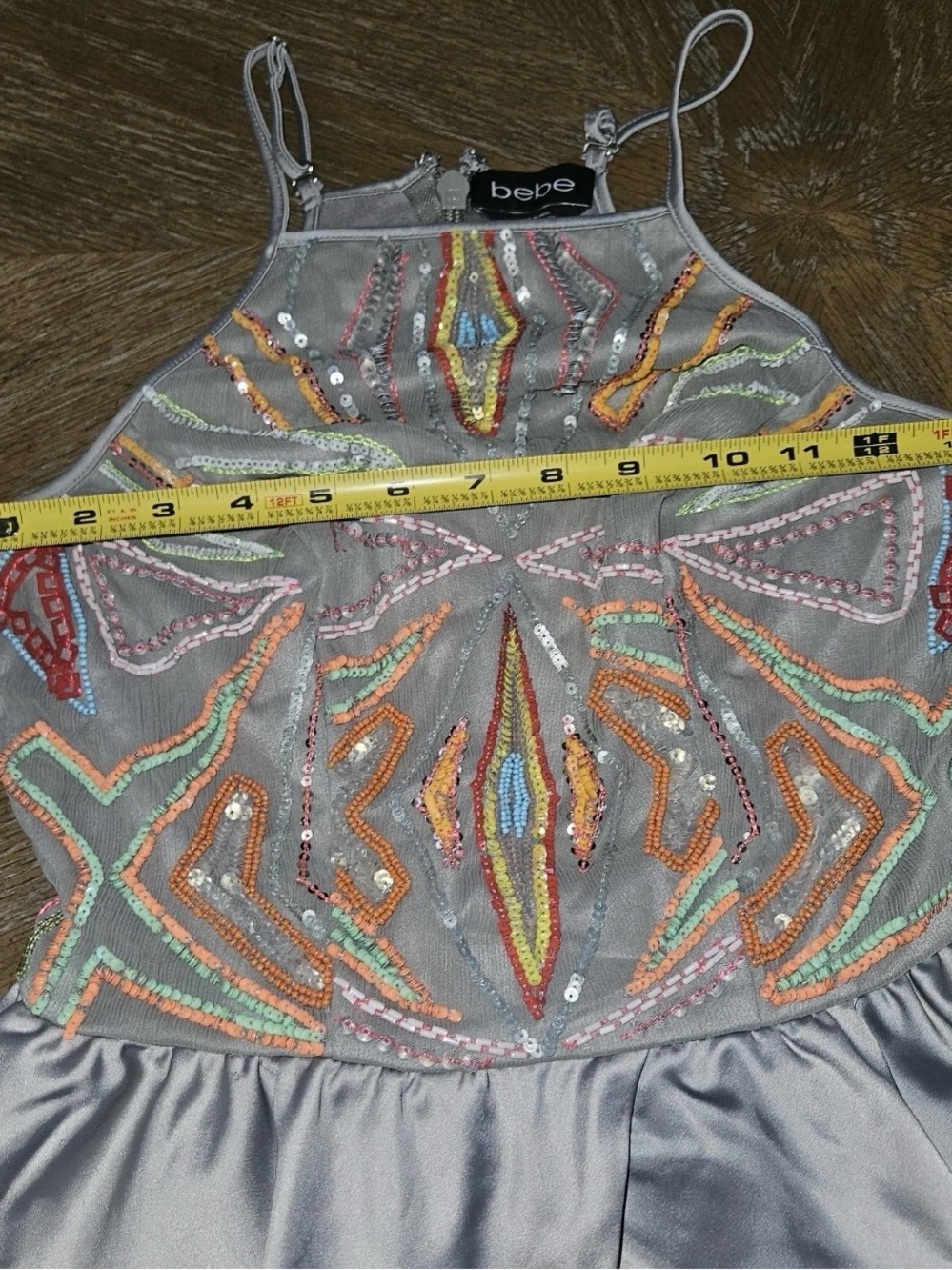 Y2K Bebe Beaded Mesh Satin Babydoll Peplum Cami Top Gray XXS - Picture 6 of 12